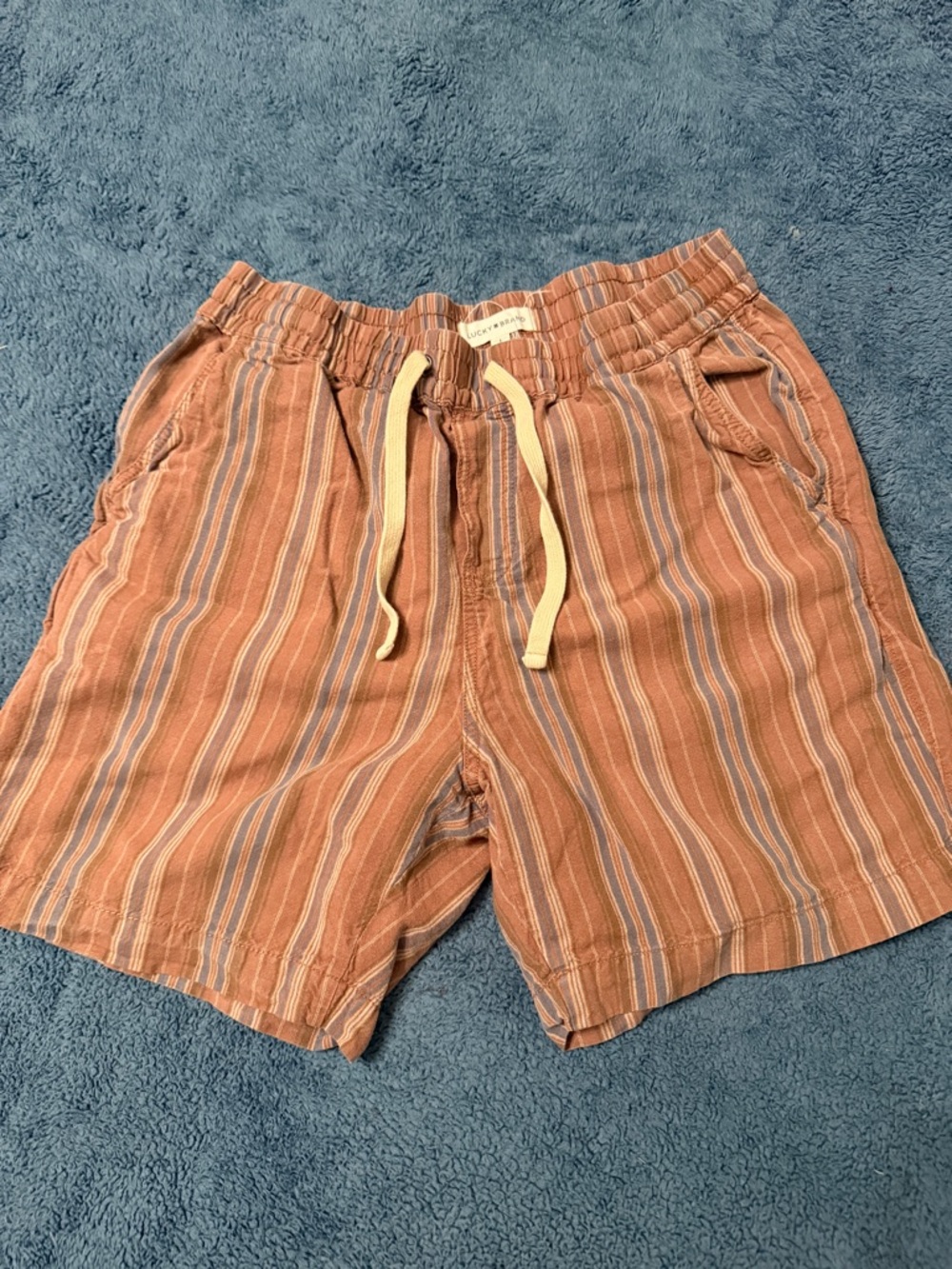 Lucky Brand Striped Rust Brown Blue Drawstring Shorts with Pockets Large